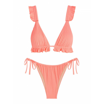 Ribbed Ruffle Triangle Tie Side Tanga Bikini Set Orange