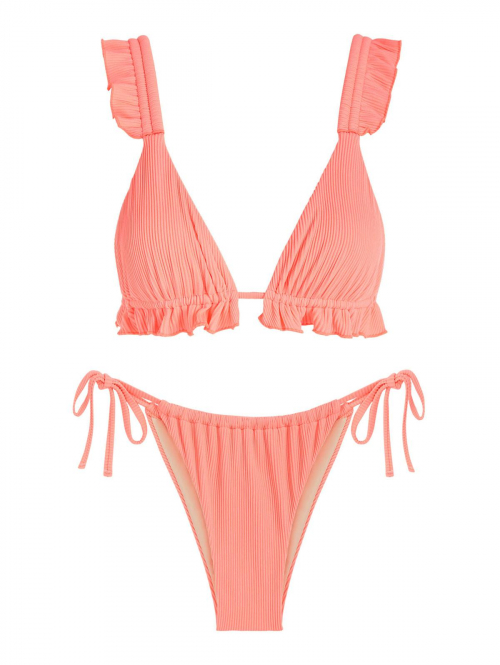 Ribbed Ruffle Triangle Tie Side Tanga Bikini Set Orange