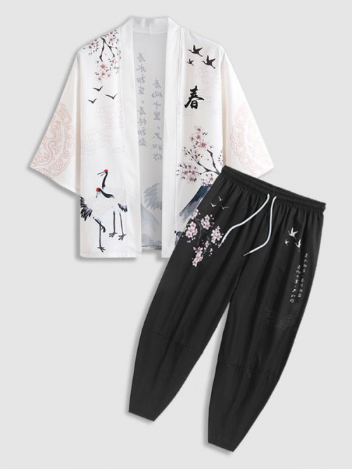 ZAFUL Men's Chinese Characters Crane Floral Pattern Open Front Kimono with Sakura Crane Pattern Capri Pants Set White