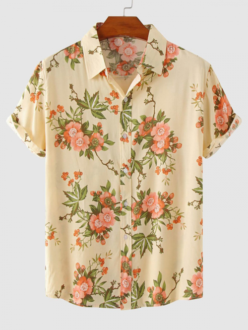 ZAFUL Men's Fresh Style Flowers Pattern Short Sleeves Shirt M Light coffee