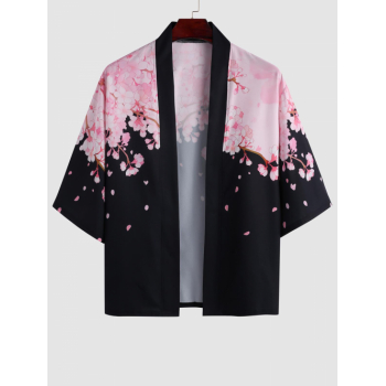 ZAFUL Men's Sakura Pattern Open Front Kimono M Black