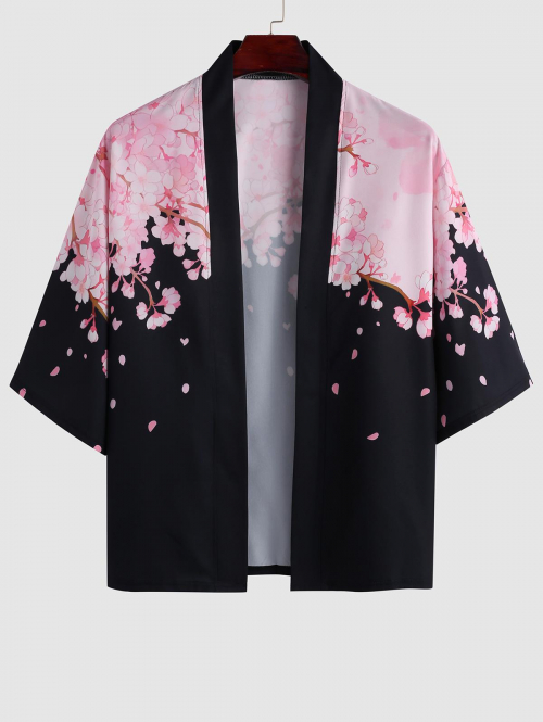 ZAFUL Men's Sakura Pattern Open Front Kimono M Black