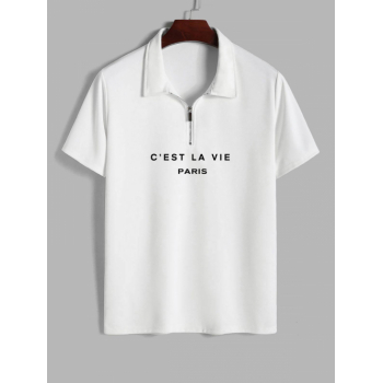 ZAFUL Men's C'EST LA VIE PARIS Print Polo Collared Half Zip T Shirt L White