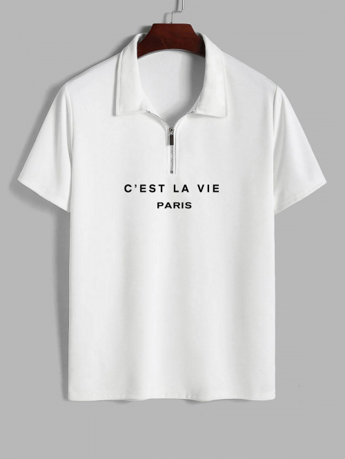 ZAFUL Men's C'EST LA VIE PARIS Print Polo Collared Half Zip T Shirt L White