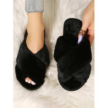 Women Fluffy Plush Faux Fur Criss Cross Indoors Home Slippers