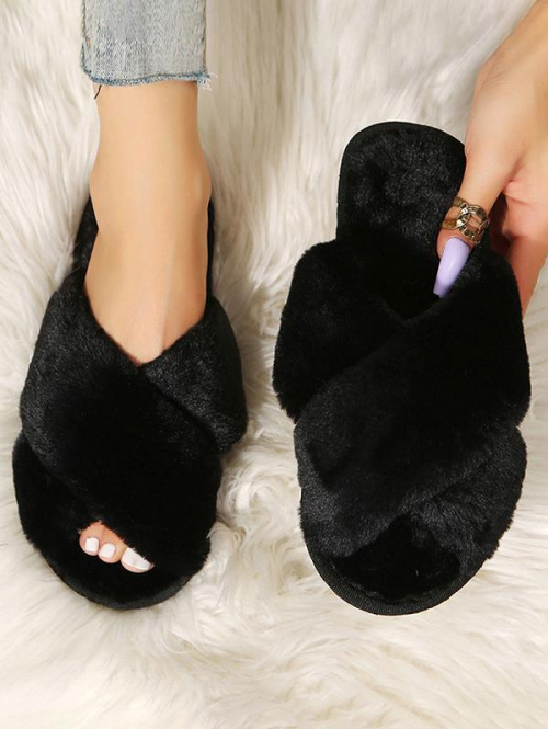 Women Fluffy Plush Faux Fur Criss Cross Indoors Home Slippers