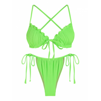 ZAFUL Frilled Textured Criss Cross Tie Front Loincloth Bikini Swimwear M Green