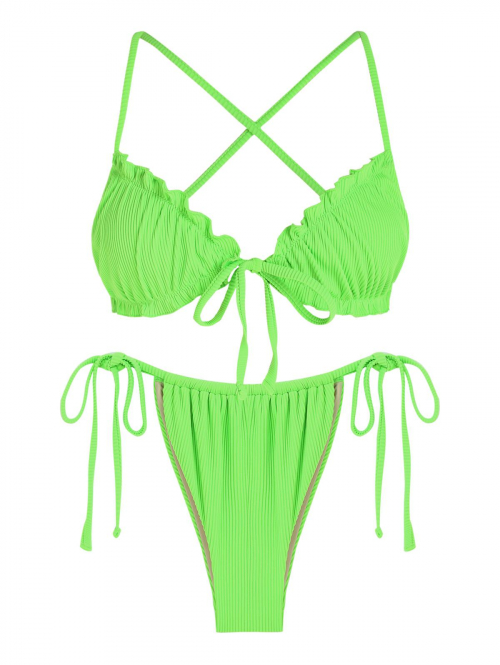 ZAFUL Frilled Textured Criss Cross Tie Front Loincloth Bikini Swimwear M Green