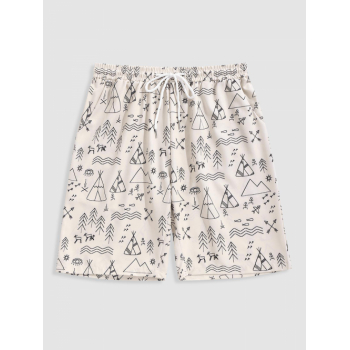 Geometric Pattern Drawstring Shorts L Warm white