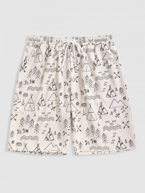 Geometric Pattern Drawstring Shorts L Warm white