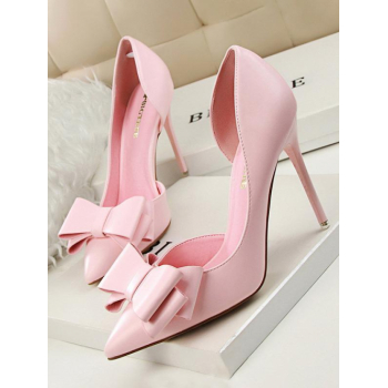 Women Bow Decor Side Cut Out Heeled Pointed Toe Pumps