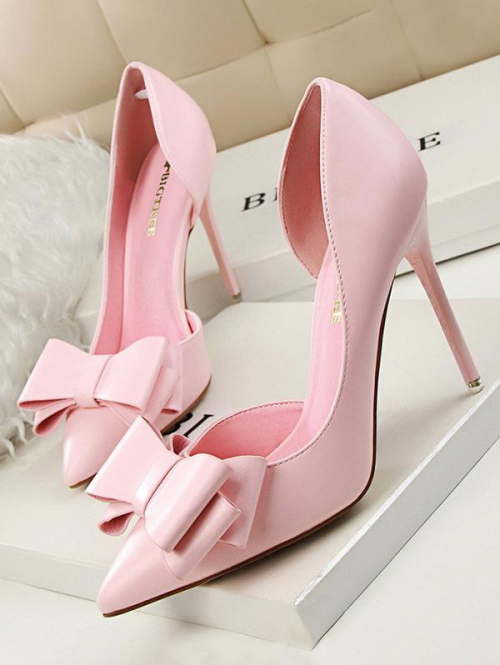 Women Bow Decor Side Cut Out Heeled Pointed Toe Pumps