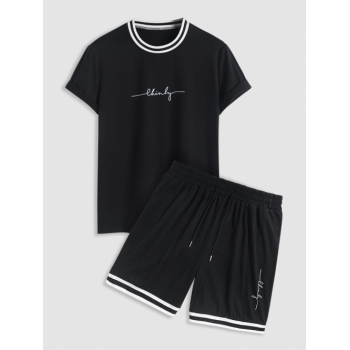 ZAFUL Men's Letter Print Contrast Striped Collar T Shirt and Graphic Sweat Shorts Set Black