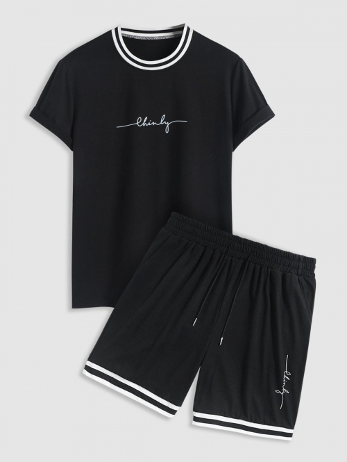 ZAFUL Men's Letter Print Contrast Striped Collar T Shirt and Graphic Sweat Shorts Set Black