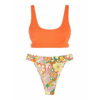 Ribbed Floral Print T-cut Mix and Match Cheeky Bikini Set Multi a