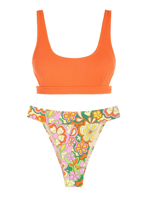 Ribbed Floral Print T-cut Mix and Match Cheeky Bikini Set Multi a