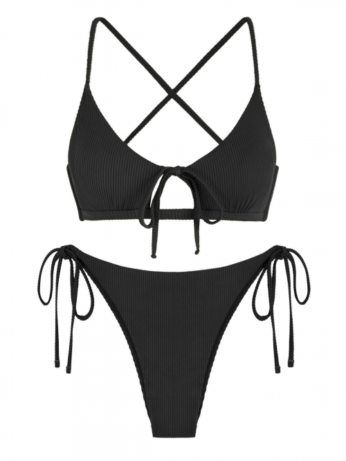 ZAFUL Textured Tie Side Cut Out Criss Cross String Bikini Swimwear M Black