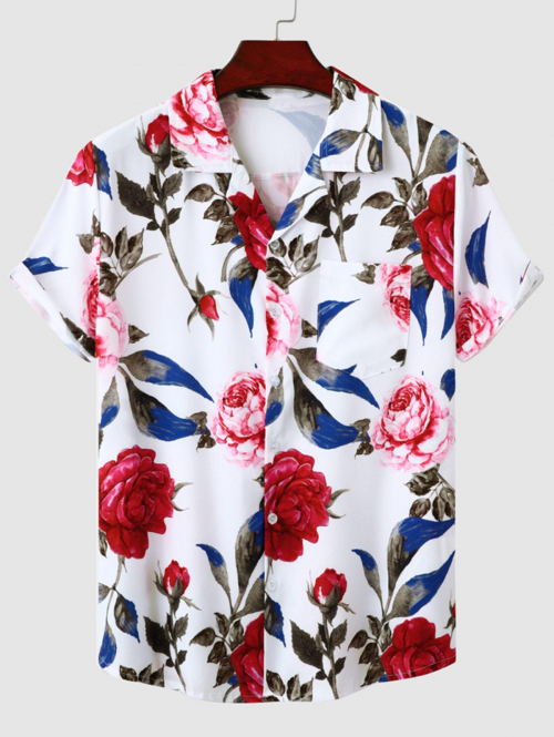 ZAFUL Men's Lapel Collar Short Sleeves Floral Print Vacation Shirt Xl White