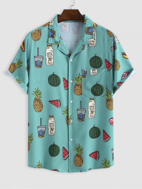 ZAFUL Men's Pineapple Watermelon Food Pattern Short Sleeves Vacation Shirt L Blue