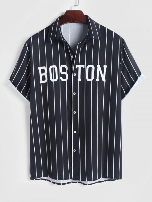 ZAFUL Men's Pinstriped BOSTON Print Short Sleeve Shirt 2xl Black