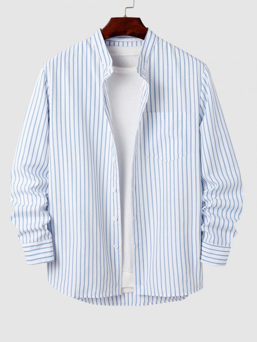 ZAFUL Men's Stand Collar Long Sleeves Vertical Striped Shirt Xl Day sky blue