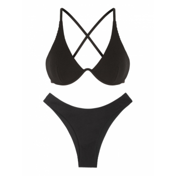 Textured Criss Cross Monowire Cheeky Bikini Set L Black