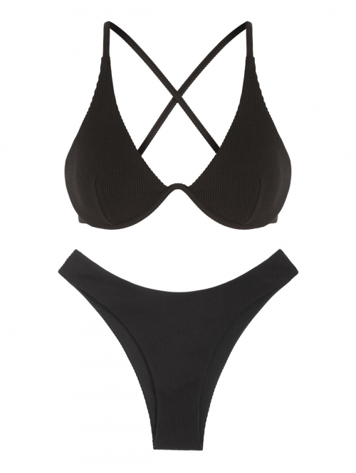 Textured Criss Cross Monowire Cheeky Bikini Set L Black