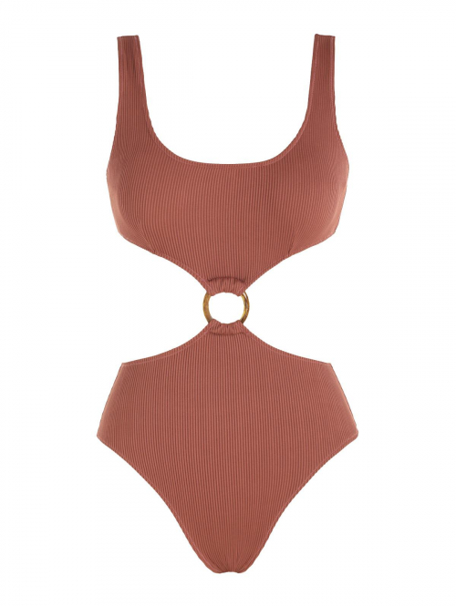 ZAFUL O-ring Cut Out Textured One-piece Swimsuit S Coffee