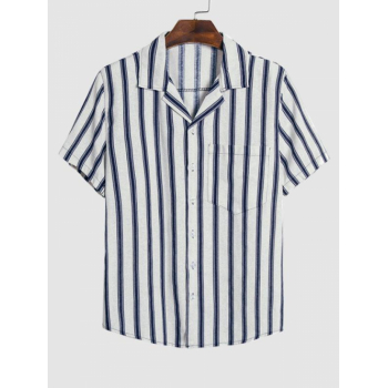 ZAFUL Men's Front Pocket Design Cotton Linen Texture Vertical Striped Shirt Xl Deep blue