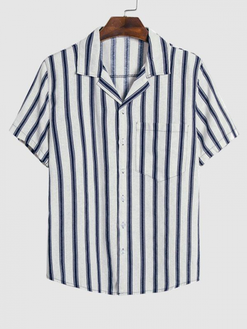 ZAFUL Men's Front Pocket Design Cotton Linen Texture Vertical Striped Shirt Xl Deep blue