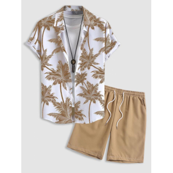 ZAFUL Men's Tropical Coconut Tree Print Short Sleeve Hawaiian Shirt and Casual Shorts Two Pieces Set Light coffee