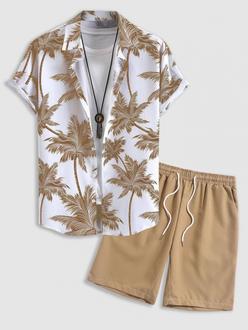 ZAFUL Men's Tropical Coconut Tree Print Short Sleeve Hawaiian Shirt and Casual Shorts Two Pieces Set Light coffee