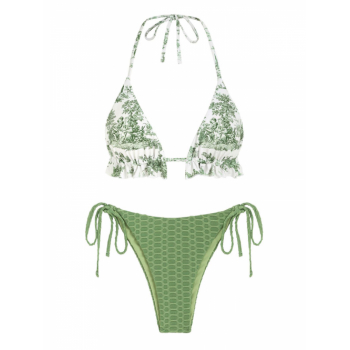 Toile De Jouy Retro Print Honeycomb String Bikini Set Green