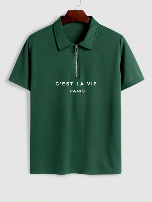 ZAFUL Men's C'EST LA VIE PARIS Print Polo Collared Half Zip T Shirt M Deep green