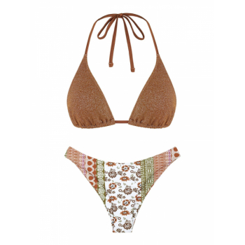 Sparkle Glitter Triangle Floral Print Cheeky Mix and Match Bikini Set Coffee