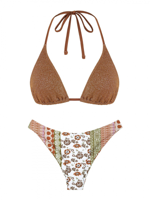 Sparkle Glitter Triangle Floral Print Cheeky Mix and Match Bikini Set Coffee