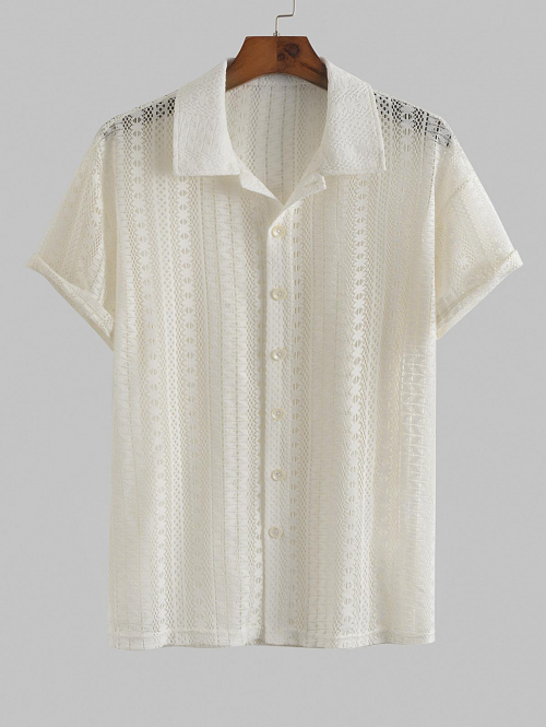 ZAFUL Men's ZAFUL Sexy Lace Sheer Openwork Short Sleeves Shirt M White