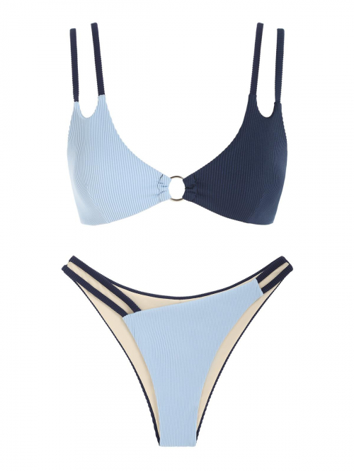 ZAFUL Two Tone O-ring Textured Bikini Swimwear Light blue