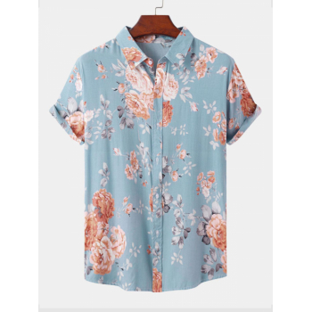 ZAFUL Men's Flowers Pattern Short Sleeves Vacation Shirt 2xl Light blue