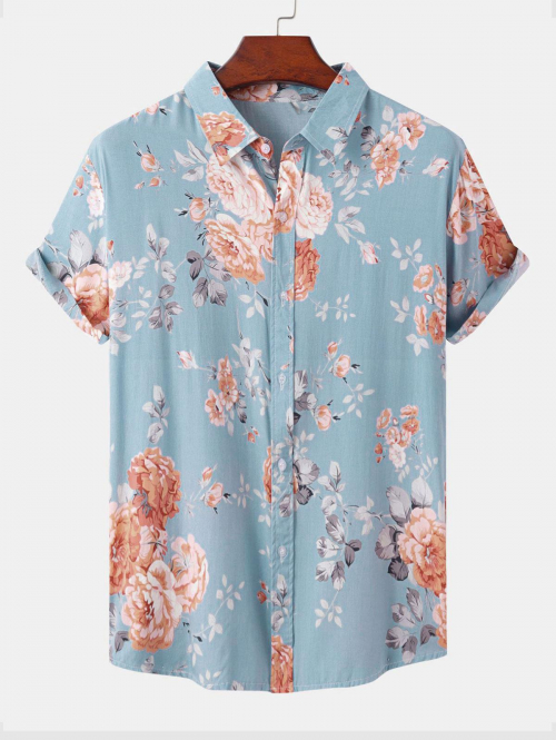 ZAFUL Men's Flowers Pattern Short Sleeves Vacation Shirt 2xl Light blue