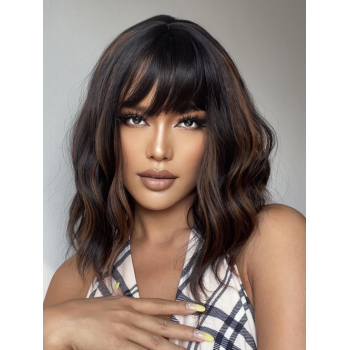 zaful See Thru Bang Shoulder Length Black Highlight Brown Wavy Synthetic Wig