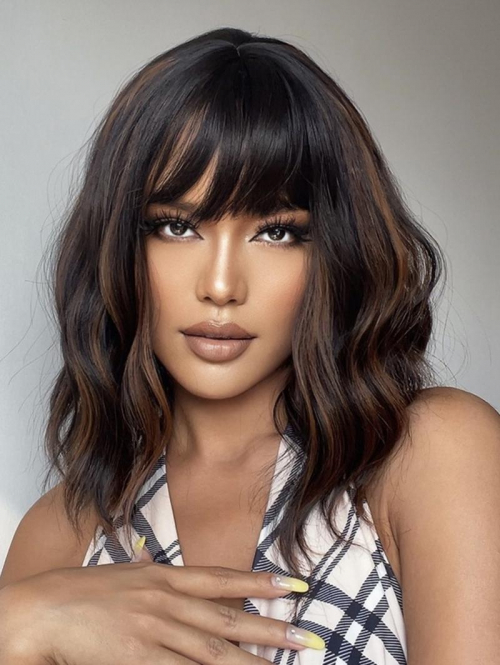 zaful See Thru Bang Shoulder Length Black Highlight Brown Wavy Synthetic Wig