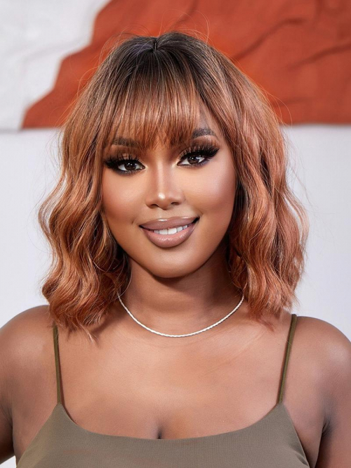 zaful Brown Gradient Orange See-through Bangs Shoulder Length Wavy Synthetic Wig