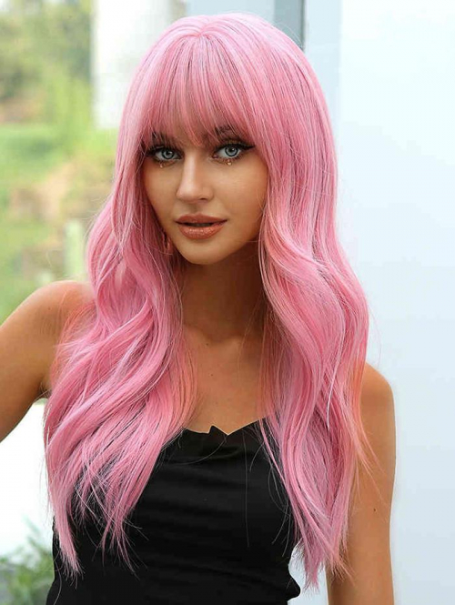 zaful Pink See-through Bangs Long Natural Wavy Synthetic Wig