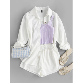 Corduroy Drop Shoulder Shirt Jacket and Shorts Set L White