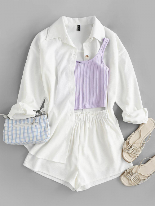 Corduroy Drop Shoulder Shirt Jacket and Shorts Set L White