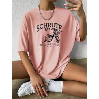 Fashion Women Tees Boyish Letter Graphic Oversized Drop Shoulder Tunic Tee L Light pink