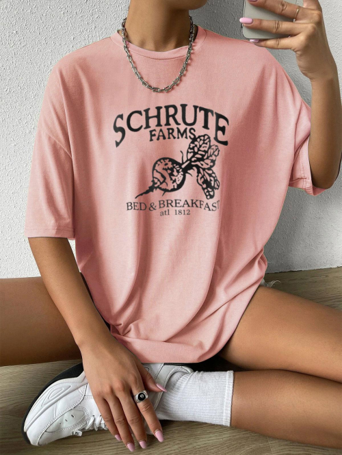 Fashion Women Tees Boyish Letter Graphic Oversized Drop Shoulder Tunic Tee L Light pink