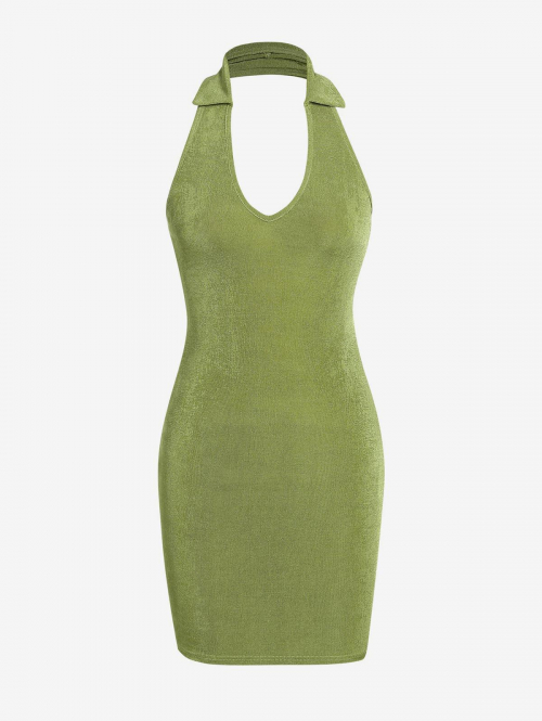 Mini Dress ZAFUL Halter Turn Down Collar Bodycon Dress S Light green