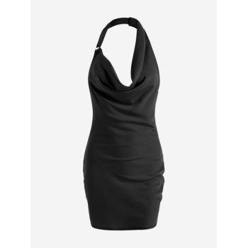 Mini Dress Cowl Neck Halter Backless Ruched Sheath Dress S Black